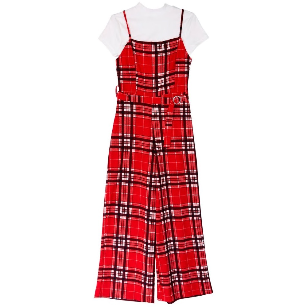 Punk 90s Grunge belted red plaid jumpsuit spaghetti straps stretchy material - Picture 7 of 8